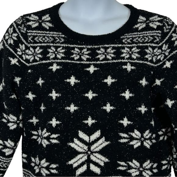 Barefoot Dreams CozyChic Seaside Pullover Black Fair Isle Crew Neck Size Large - Picture 5 of 13